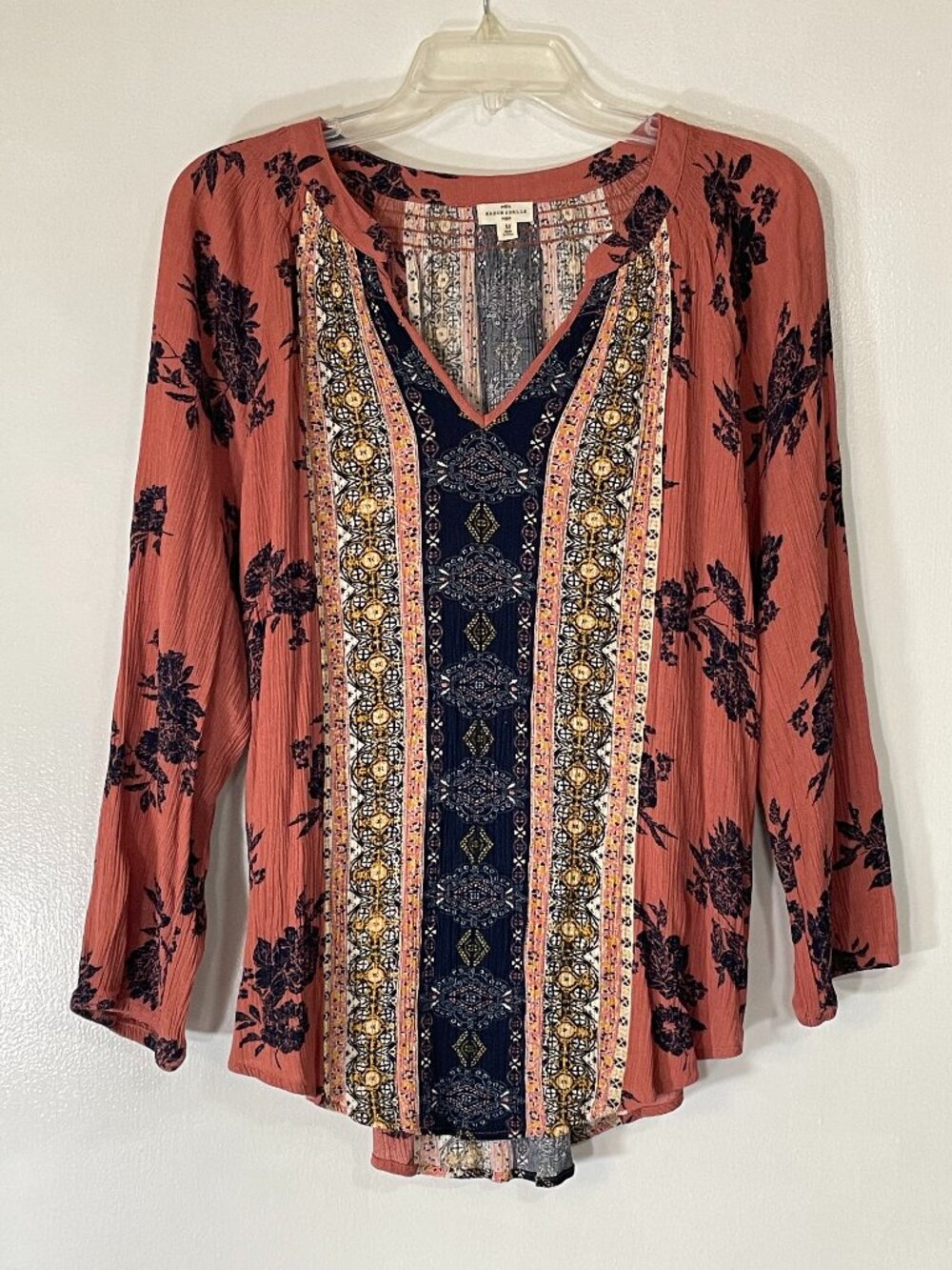 Mason & Belle Women’s Boho Top Med Rose Navy Patterned Rayon Long Sleeve
